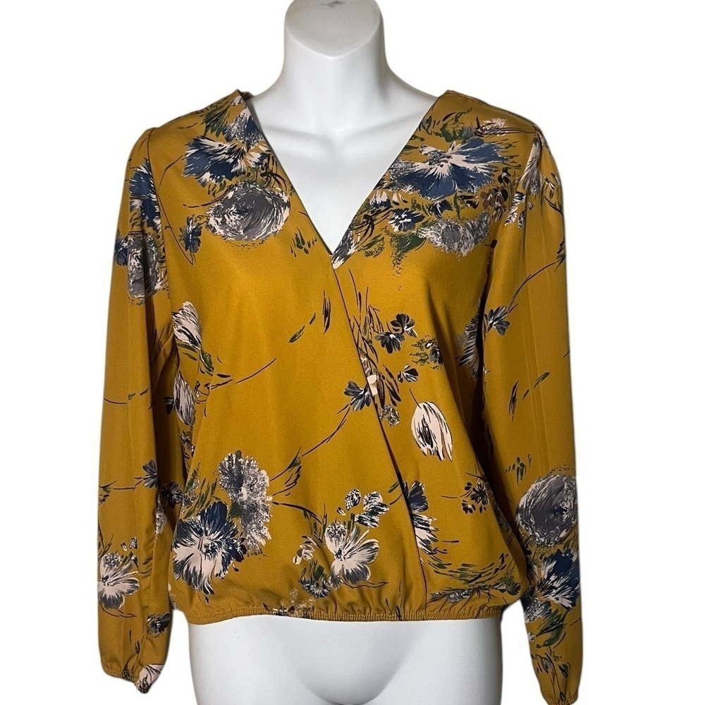 A'Gaci Yellow Floral Faux Wrap Stretch Waist Long Sleeve Top Size M